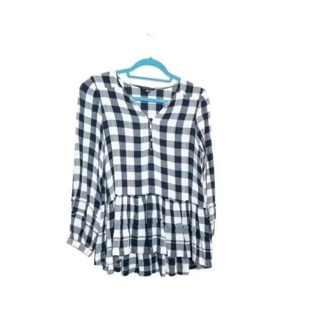 American‎ Eagle Womens Checkered Plaid Ruffle Blouse Sz S Blue Cottage